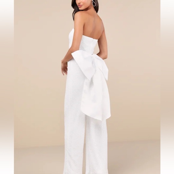 Lulus Mesmerizing Glow White Sequin Removable Bow Wide-leg Jumpsuit - Size XS - Picture 2 of 4